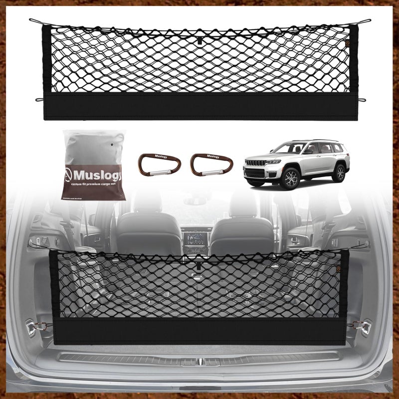 Muslogy Envelope Style Trunk Cargo Net Compatible with 2021-2024 2025 Jeep Grand Cherokee L Accessories Custom Fit Trunk Organizer Upgraded Storage Luggage Net with Metal Hooks (3-Row GCL) - Image 1